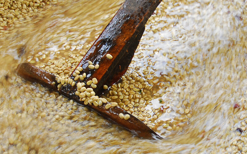 فرآیند شستشوی دانه‌های قهوه در روش فرآوری مرطوب، با استفاده از آب و تجهیزات مخصوص.