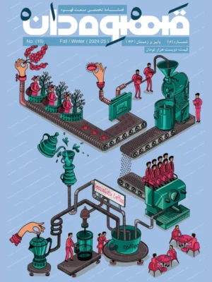 روی جلد مجله قهوه‌دان شماره ۱۶ (پاییز و زمستان ۲۰۲۴-۲۰۲۵) با تصویر ایزومتریک و کارتونی از فرایند تولید قهوه؛ از چیدن دانه قهوه توسط کارگران تا انتقال به دستگاه برشته‌کاری، آسیاب، دم‌آوری و سرو در فنجان‌های بزرگ با نوشته Speciality Coffee.